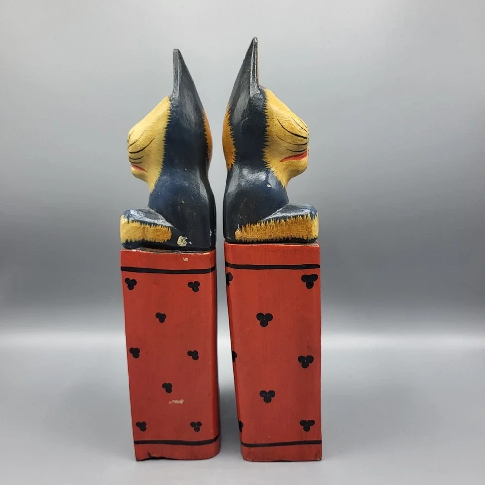 Wooden Cat Bookends Hand Painted Folk Art Colorful Shelf Decor Blue Yellow Red